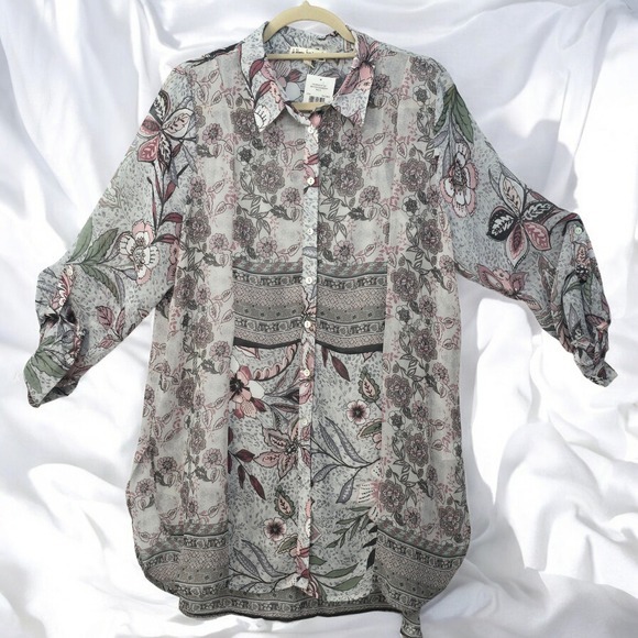 Hope Springs‎ Floral Tunic Shirt Woman Large Button Down Long Sleeve Lagenlook - Picture 1 of 12